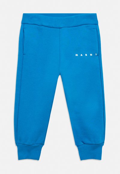 Pantalon de survêtement bleu vif avec taille et poignets élastiques, poches latérales, et logo « MARNI » imprimé sur la cuisse droite supérieure.