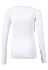 Maglietta sportiva bianca a maniche lunghe con un design aderente, realizzata in tessuto liscio. Presenta maniche raglan e scollatura a girocollo per il massimo comfort.