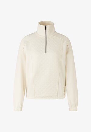 Cremefarbener Pullover mit langen Ärmeln, gepolstertem Vorderteil, hohem Kragen, halbem schwarzen Reißverschluss und elastischen Bündchen.
