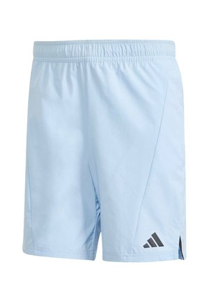 Lysblå atletiske shorts lavet af letvægtsmateriale. Har en elastisk talje og sort Adidas-logo på den nederste venstre side.