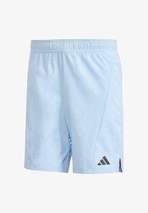 Helle blaue Sportshorts aus leichtem Material. Mit einem elastischen Bund und dem schwarzen Adidas-Logo auf der unteren linken Seite.
