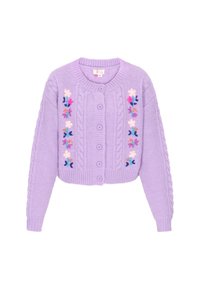 Lila kötött kardigán, fonott mintával, rózsaszín és kék virágos hímzéssel, valamint hat azonos gombbal az elején.