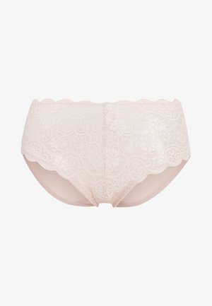 Kerge nude värvi pitsilised hipster-tringid, millel on lainelised servad, lillemuster ja sile kangas mugavuse tagamiseks.