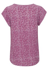 Haut violet à manches courtes avec un motif texturé en blanc et des accents bleu clair, doté d'un col rond et d'un ourlet incurvé.