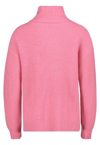 Rosa gestrickter Pullover mit hohem Kragen, der über eine gerippte Textur und weite Ärmel verfügt und für eine lockere Passform entworfen wurde.