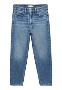 Jean en denim bleu clair avec une coupe droite, style cinq poches et surpiqûres le long des coutures.