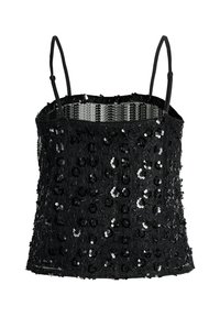 Melna kamzole izgatavota no strukturēta materiāla, dekorēta ar paliktnīšiem un ziedu motīviem. Tai ir plānas plecu siksnas un taisna apakšmalā.