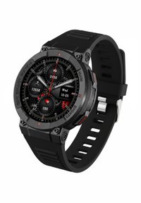 Orologio intelligente GPS nero con design robusto, display circolare, dettagli argentati e rossi, e cinturino in silicone nero con fori di ventilazione.