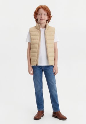 Κοκκινομάλλης αγόρι στέκεται φορώντας μπεζ καπιτονέ γιλέκο πάνω από λευκή μπλούζα, μπλε τζιν και καφέ δερμάτινες μπότες σε λευκό φόντο.