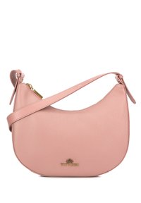 Borsa hobo in pelle rosa con texture a ciottoli, forma curvata, tracolla regolabile e cerniera dorata. Presenta un logo in ottone sul davanti.