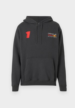 Dark gray hooded sweatshirt made of soft cotton blend, featuring a front pocket, drawstrings, and red embroidered accents, including a number '1'.