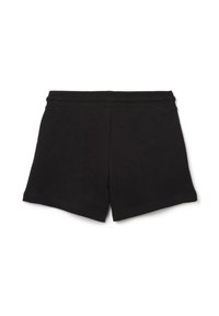 Pantalones cortos de algodón negro con una textura suave, en un color sólido, con cintura elástica y dobladillos rectos. Sin patrones ni detalles visibles.