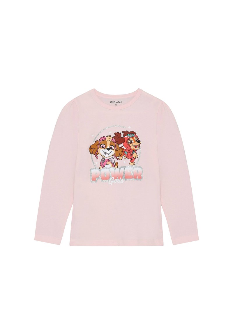 Helles rosa Langarmshirt mit einem grafischen Motiv von zwei Cartoondogs und dem Text "Power Girls" in glitzernden Buchstaben. Weiche Stofftextur.
