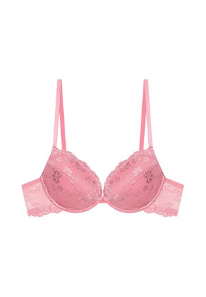 Rosa Spitzen-BH mit Bügel, verstellbaren dünnen Trägern und floraler Stickerei auf den Cups und am Bund, entworfen für Halt und Stil.