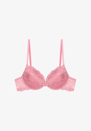 Roze kanten beugelbeha met verstelbare dunne bandjes en bloemrijke borduursels op de cups en band, ontworpen voor ondersteuning en stijl.