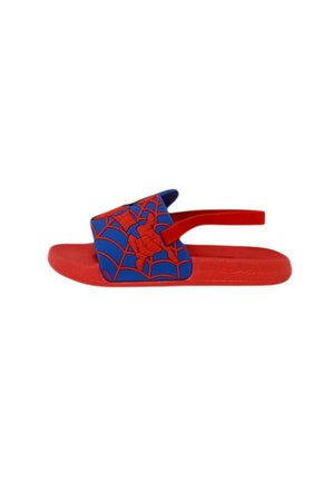 Sandalo rosso per bambini con cinturino blu con un disegno di ragno rosso e ragnatela, e cinturino rosso al tallone.