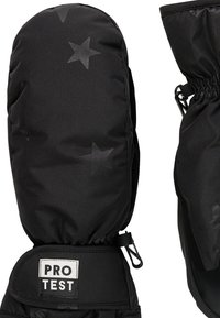 Mustat eristetyt kynsikkäät sileällä kankaalla, joissa on hillitty tähtikuvio, joustavat hihnat ja logoleima ranteessa.