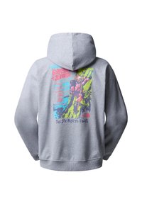 Sweat à capuche gris avec un graphisme coloré d’un grimpeur escaladant une paroi rocheuse et les textes « The Expedition Series » et « The Six North Faces ».