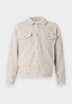Veste en fausse fourrure beige clair. Fermeture à boutons sur le devant avec deux poches poitrine et un col cranté. Texture douce, design court.