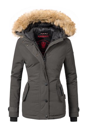 Damen dunkelgraue Winterjacke mit pelzbesetzter Kapuze, Frontreißverschluss mit Druckknöpfen und zwei Klappentaschen.