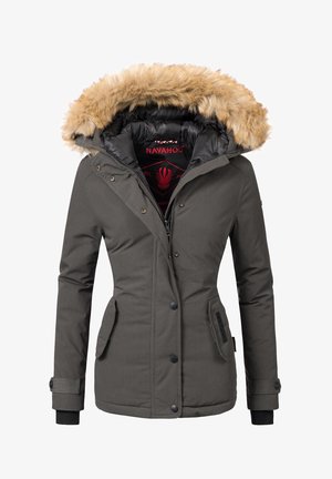 Giacca invernale da donna grigio scuro con cappuccio rifinito in pelliccia, zip frontale con bottoni a pressione e due tasche con patta.