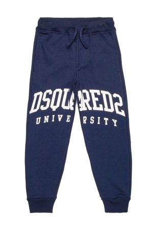 Pantaloni felpa blu navy realizzati in tessuto misto cotone, con testo bianco "DSQUARED2 UNIVERSITY", vita elastica e caviglie elasticizzate.