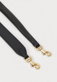 Black leather bag strap with a smooth texture, featuring gold-toned metal hardware and sturdy swivel clips at both ends.