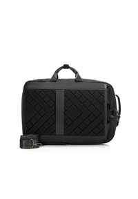 Sac de voyage ou de portable rectangulaire noir avec un motif géométrique matelassé, une poignée supérieure et une bandoulière amovible enroulée à côté.