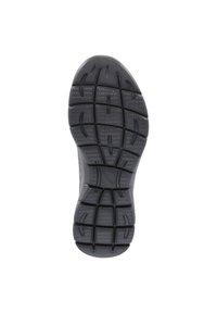 Schwarze Gummisohle mit einem strukturierten Design, das ineinandergreifende Muster und Rillen für Traktion aufweist. Abgerundete Form mit verstärktem Rand.