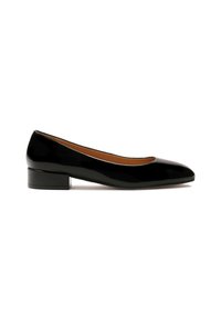 Black patent leather ballet flats with a squared toe and low block heel. Smooth texture, minimalistic design, and no visible accents.