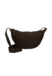 Borsa a tracolla in tessuto marrone con design curvo, chiusura con zip e tracolla regolabile. Texture morbida con un'estetica minimalista.