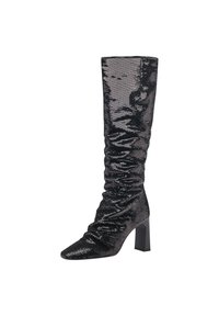 Botte noire, montante jusqu'au genou, en matière à sequins avec un design ample, un bout pointu et un talon épais.