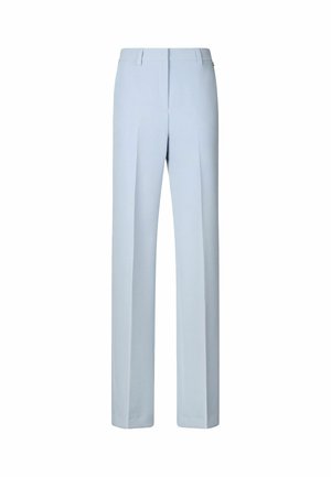 Light blue tailored trousers made of smooth fabric, featuring a straight leg design, two front pleats, and a zipper closure.