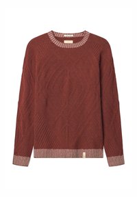 Bordeauxfarbigem Pullover mit strukturiertem Rautenmuster, Rundhalsausschnitt und gerippten Bündchen, die dünne Streifen in einem helleren Farbton aufweisen. Weiches Strickmaterial.