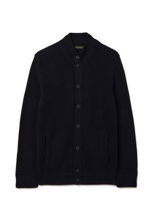 Marineblauwe geribde cardigan gemaakt van textuurgebreide stof. Beschikt over een sjaalkraag, voorknoopsluiting en zijzakken voor extra functionaliteit.
