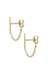 Goldfarbene Ohrringe mit einem T-Bar-Design, verbunden durch eine zarte Kette, mit einer polierten Oberfläche und glatter Textur.