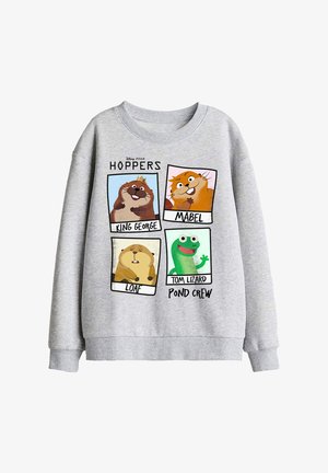 Hellgrauer Pullover mit Comic-Tierporträts, beschriftet mit King George, Mabel, Loaf und Tom Lizard aus Disneys Pixar "Hoppers Pond Crew".