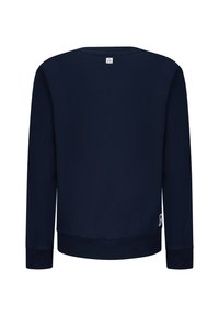 Felpa blu navy realizzata in tessuto morbido, con maniche lunghe, scollatura rotonda e orlo e polsini a coste. Piccolo etichetta con logo sul retro.