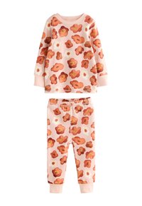 Pyjamasæt med langærmet top og bukser, blødt lyserødt stof prydet med blomster i orange og hvid, med ribstrikkede ærmekanter og linning.