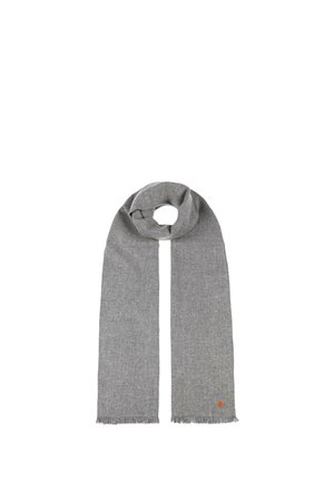 Gray knitted wool scarf with fringed ends and a small round orange logo near one edge.