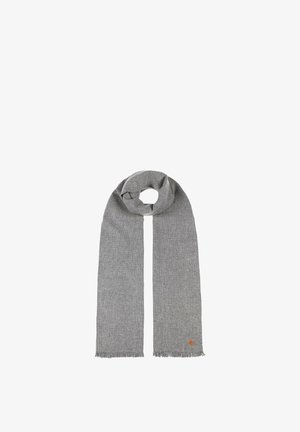Gray knitted wool scarf with fringed ends and a small round orange logo near one edge.