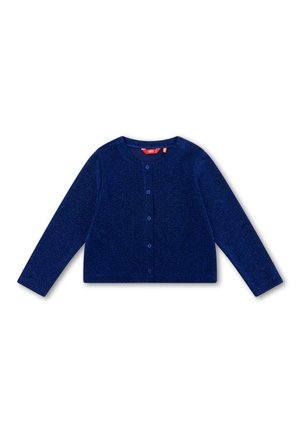 Donkerblauwe, knoopsluitende cardigan met lange mouwen en ronde hals, gemaakt van zachte, textuurrijke stof.
