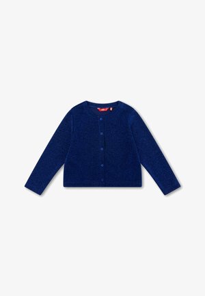Donkerblauwe, knoopsluitende cardigan met lange mouwen en ronde hals, gemaakt van zachte, textuurrijke stof.