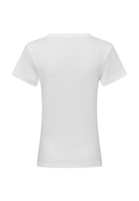 Weißes T-Shirt mit kurzen Ärmeln und klassischem Rundhalsausschnitt, aus glattem Stoff gefertigt, mit taillierter Silhouette und schlichtem, ungeschmücktem Design.