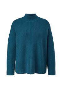 Pull en maille côtelée bleu sarcelle avec manches longues et col montant, présentant une couture centrale verticale à l'avant.
