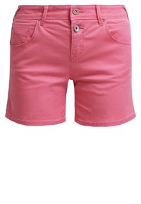 Vaaleanpunaiset farkkushortsit napilla, viiden taskun muotoilu ja suora helmaviimeistely. Kangas on sileä ja hieman venyvä.