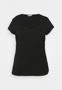Zwarte geribbelde T-shirt met een vierkante halslijn, korte mouwen en een aansluitende pasvorm. Glad stofoppervlak en naadloze zoom.