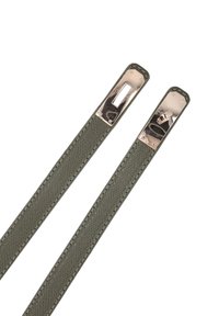 Grüne strukturierte Riemen aus synthetischem Material, mit poliertem Silberzubehör und rechteckigen Ausschnitten zur Befestigung.