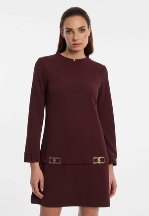 Woman wearing a long-sleeve, dark burgundy dress with gold buckle details near the hem, standing against a plain light background.
