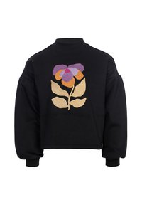 Zwarte cropped sweatshirt met een hoge hals. Voorzien van kleurrijke bloemengestikte motieven in paars, oranje en beige aan de voorkant. Lange, opgeblazen mouwen.